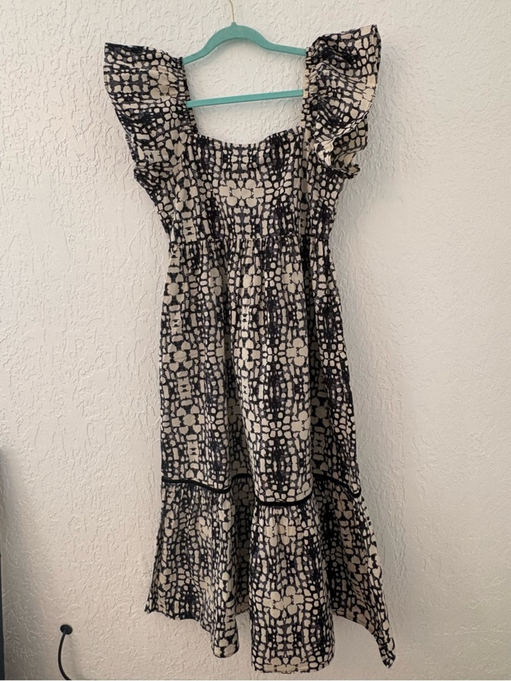 Black and Cream Smocked Midi Dress with Ruffle Shoulders